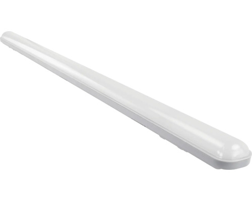 Schlanke LED-Feuchtraumleuchte mit weißer Abdeckung und grauem Gehäuse.