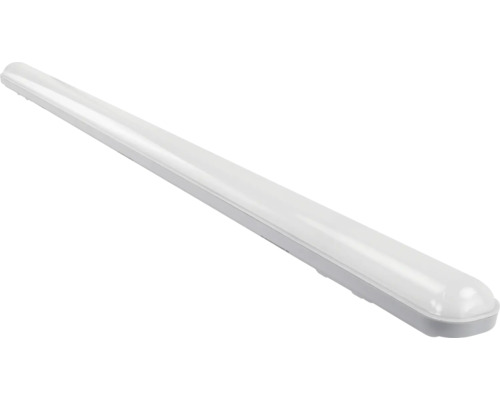 Schlanke LED-Feuchtraumleuchte mit weißer Abdeckung und grauem Gehäuse.
