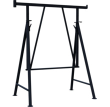 Höhenverstellbarer Arbeitsbock aus schwarzem Metall mit seitlichen Anschlägen.