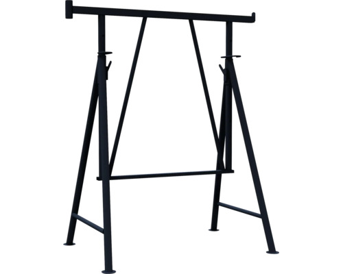 Höhenverstellbarer Arbeitsbock aus schwarzem Metall mit seitlichen Anschlägen.