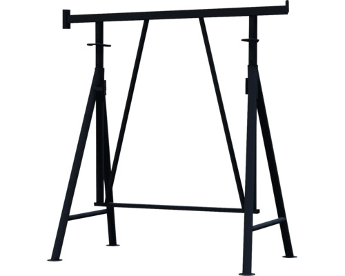 Höhenverstellbarer Arbeitsbock aus schwarzem Metall mit breiter Auflagefläche und stabilen Standfüßen.