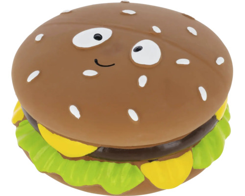 Hundespielzeug in Form eines Hamburgers mit Gesicht