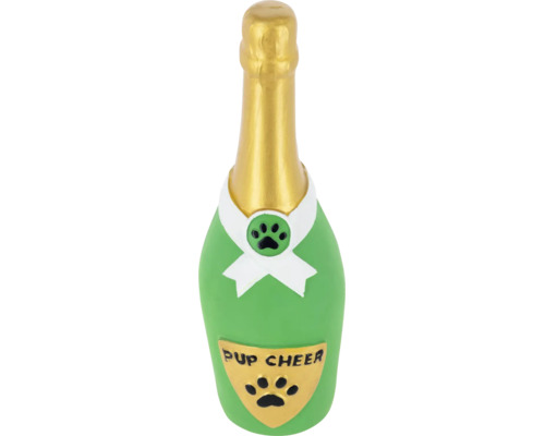 Hundespielzeug in Form einer Champagnerflasche mit Aufschrift Pup Cheer