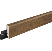 Fußleiste mit Holzoptik und Befestigungsclip für Bodenbeläge