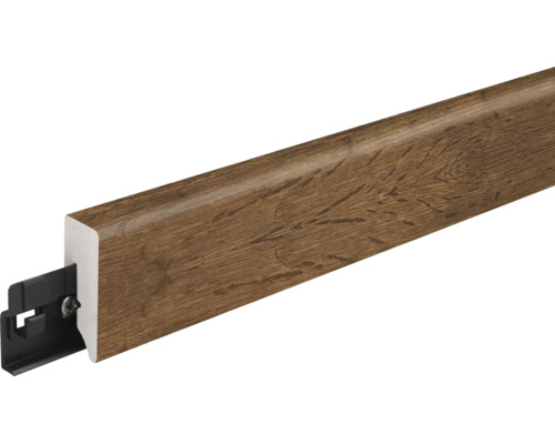 Fußleiste mit Holzoptik und Befestigungsclip für Bodenbeläge