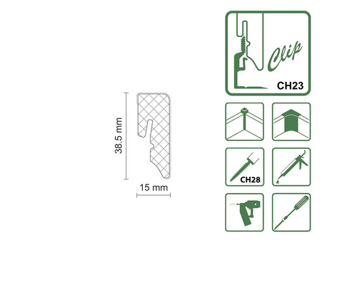 Profilquerschnitt einer Sockelleiste mit 38,5 Millimeter Höhe und 15 Millimeter Breite sowie Montagehinweisen für Clip und Kleber.