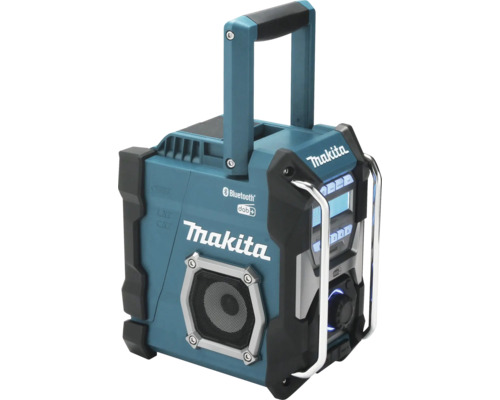 Robustes Makita Baustellenradio mit Bluetooth, digitalem Radioempfang, Tragegriff und Schutzbügeln. Makita Logo.