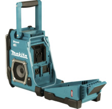 Makita Baustellenradio mit Bluetooth und DAB Plus, rückseitiges Batteriefach geöffnet, mit Tragegriff und Lautsprecher, Makita Logo.
