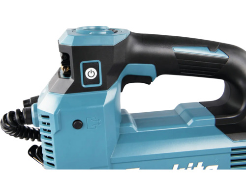 Makita Akku-Kompressor, Detailansicht des Griffs mit Ein-Aus-Schalter und Bedienelementen.