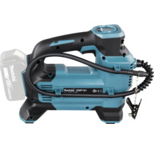 Makita Akku-Kompressor DMP181 mit 18 Volt Lithium-Ionen-Akku, digitalem Display, Tragegriff und Luftschlauch. Makita Logo und CE-Zeichen.