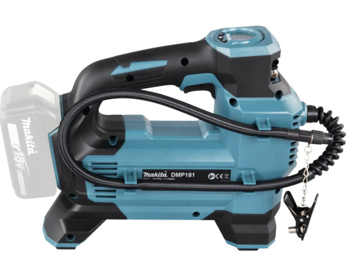 Makita Akku-Kompressor DMP181 mit 18 Volt Lithium-Ionen-Akku, digitalem Display, Tragegriff und Luftschlauch. Makita Logo und CE-Zeichen.