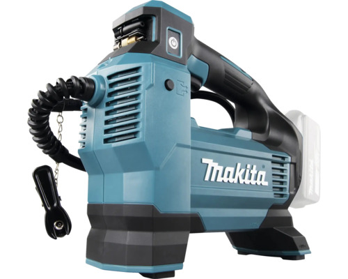 Makita akkubetriebener Kompressor mit Handgriff, Luftschlauch und Makita Logo.