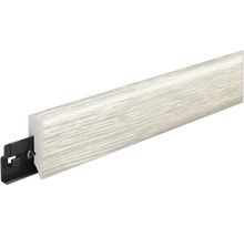 Fußleiste mit Holzoptik und integriertem Befestigungsclip aus Kunststoff