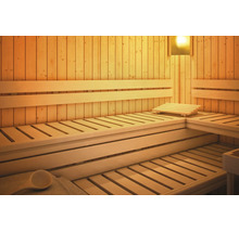 Innenansicht einer Holzsauna mit zweistufigen Liegebänken, Rückenlehnen, einer Kopfstütze und Saunabeleuchtung.