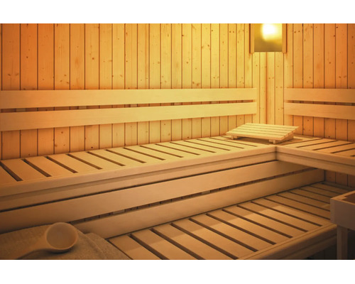 Innenansicht einer Holzsauna mit zweistufigen Liegebänken, Rückenlehnen, einer Kopfstütze und Saunabeleuchtung.