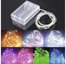 Batteriebetriebene LED-Draht-Lichterkette mit transparentem Batteriefach, abgebildet in verschiedenen Lichtfarben.