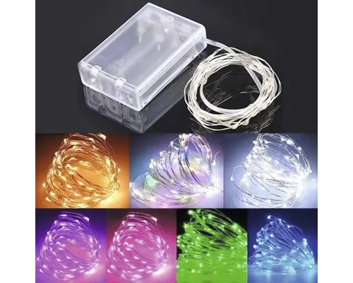 Batteriebetriebene LED-Draht-Lichterkette mit transparentem Batteriefach, abgebildet in verschiedenen Lichtfarben.