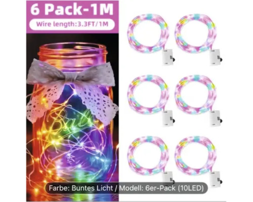 Sechser-Pack bunte LED-Drahtlichterketten mit Batterie, jeweils ein Meter lang mit zehn LEDs, inklusive Anwendungsbeispiel im Glas.