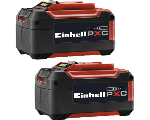 Zwei Einhell PXC Akkus mit jeweils 5,2 Amperestunden Kapazität und Ladestandsanzeige.
