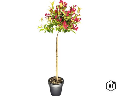Weigelie als Stämmchen mit roten Blüten und grünen Blättern in einem Pflanztopf. (Image AI modified or generated)