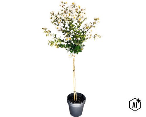 Lagerstroemia als Hochstamm mit weißen Blüten im Topf. (Image AI modified or generated)