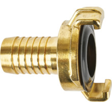 Geka-Schnellkupplung aus Messing mit Schlauchtülle und Dichtungsring für Wasserschläuche.