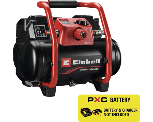 Einhell Akku-Kompressor Power X-Change mit rotem Tragegriff und schwarzem Kessel, Lieferung ohne Akku und Ladegerät.