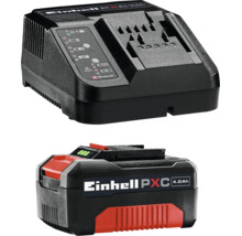 Einhell Power X-Change Starter Kit mit schwarzem Ladegerät und einem schwarz-roten 4,0 Amperestunden Lithium-Ionen-Akku.
