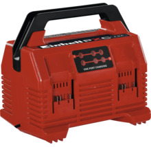 Rotes Einhell Power X-Change Multi-Ladegerät für zwei Akkus mit schwarzem Tragegriff und LED-Statusanzeige.