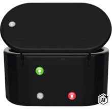 Ovale Kunststoffbox mit Klappdeckel und Anschlüssen für Wasserzulauf und Wasserablauf. (Image AI modified or generated)