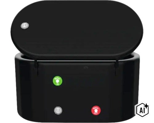 Ovale Kunststoffbox mit Klappdeckel und Anschlüssen für Wasserzulauf und Wasserablauf. (Image AI modified or generated)