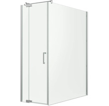 Eck-Duschkabine aus klarem Echtglas mit Drehtür, verchromten Profilen und Metallgriff.