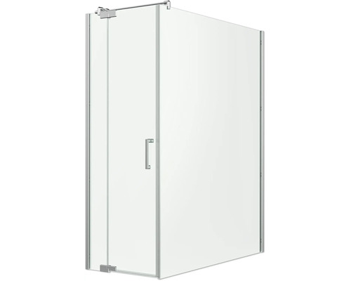 Eck-Duschkabine aus klarem Echtglas mit Drehtür, verchromten Profilen und Metallgriff.