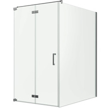 Rahmenlose Eck-Duschkabine aus klarem Echtglas, mit verchromten Scharnieren und modernem Metallgriff.