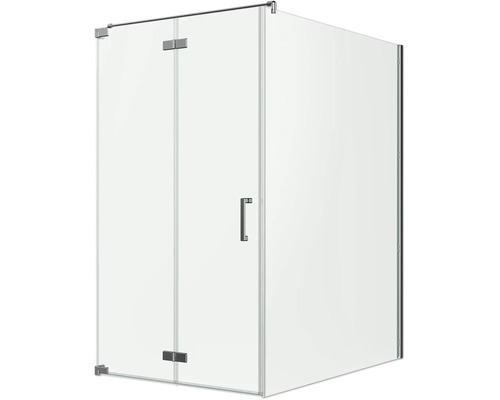 Rahmenlose Eck-Duschkabine aus klarem Echtglas, mit verchromten Scharnieren und modernem Metallgriff.