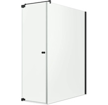 Moderne Duschkabine aus klarem Glas mit schwarzen Profilen, Scharnieren und einem minimalistischen schwarzen Griff.