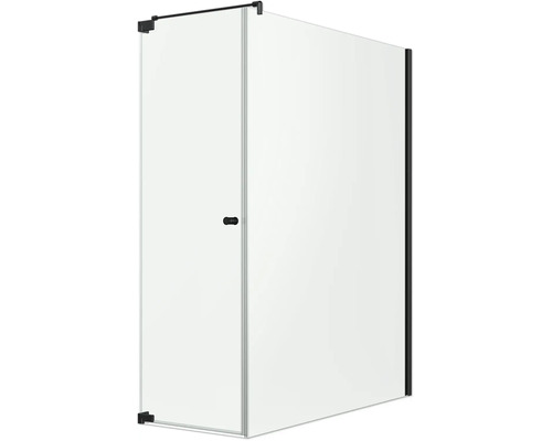 Moderne Duschkabine aus klarem Glas mit schwarzen Profilen, Scharnieren und einem minimalistischen schwarzen Griff.