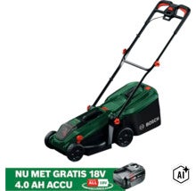 Bosch Akku-Rasenmäher mit Grasfangkorb und einer kostenlosen 18 Volt 4,0 Amperestunden Batterie. (Image AI modified or generated)