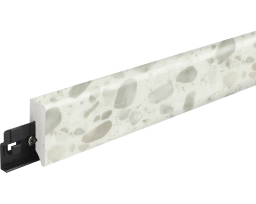 Wandabschlussleiste mit Terrazzo Optik inklusive Montageclip zur Abdichtung von Arbeitsplattenkanten.