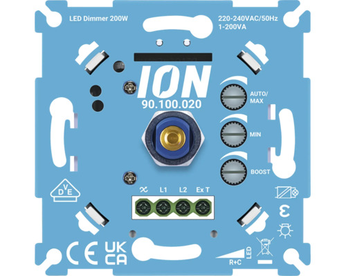 ION LED Dimmer 200 Watt für Unterputzmontage mit Einstellmöglichkeiten für Auto Max Min und Boost.
