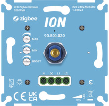 ION Zigbee LED Dimmer 200 Watt für Unterputzmontage mit Einstellmöglichkeiten für Minimum Maximum und Boost inklusive Anschlussklemmen.