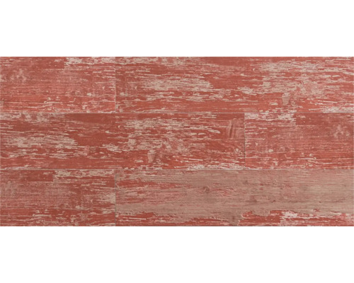 Feinsteinzeugfliese in Holzoptik im verwitterten Vintage-Stil mit abgeplatzter roter Farbe