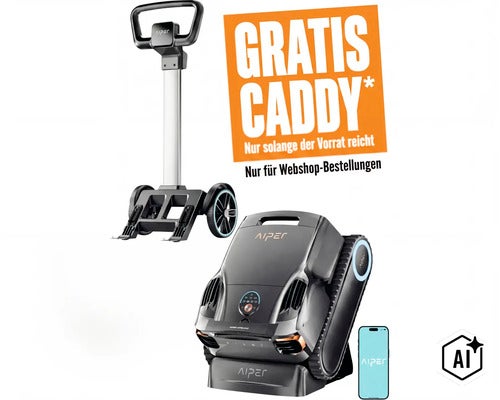 Aiper Poolroboter mit gratis Transportwagen für Webshop-Bestellungen und Smartphone-Steuerung. (Image AI modified or generated)