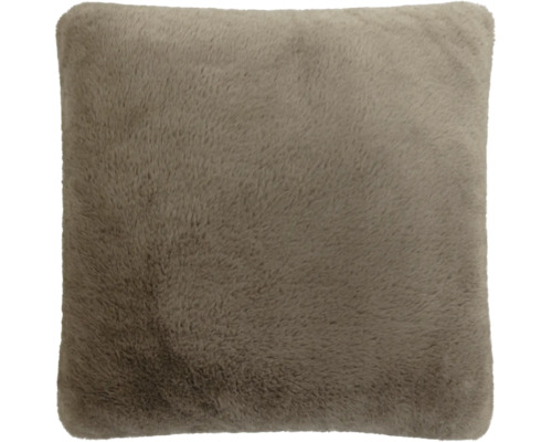 Quadratisches Dekokissen aus weichem Kunstfell in Taupe.