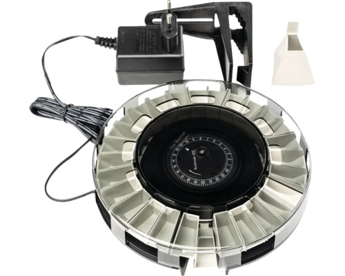 Grässlin Rondomatic 400 Futterautomat für Aquarien mit Netzteil, Halterung und Zubehör.