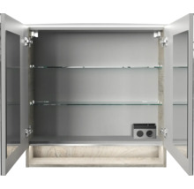 Offener Spiegelschrank mit zwei Einlegeböden aus Glas und integrierter Steckdoseneinheit für das Badezimmer.