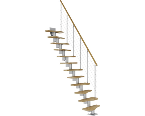 Platzsparende Mittelholmtreppe mit Holzstufen, Metallkonstruktion und Geländer mit Holzhandlauf und Stahlseilen.