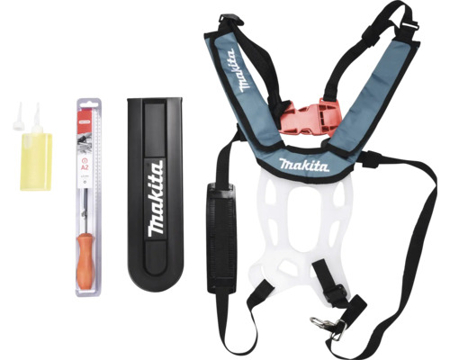Makita Tragegurt Set inklusive Schwertschutz, Feile und Ölflasche.
