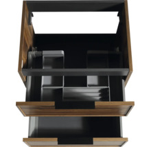Waschtischunterschrank mit zwei Schubladen und integriertem Siphonausschnitt, Holzmaserung und dunkle Inneneinteilung.