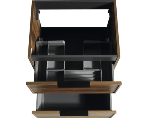 Waschtischunterschrank mit zwei Schubladen und integriertem Siphonausschnitt, Holzmaserung und dunkle Inneneinteilung.